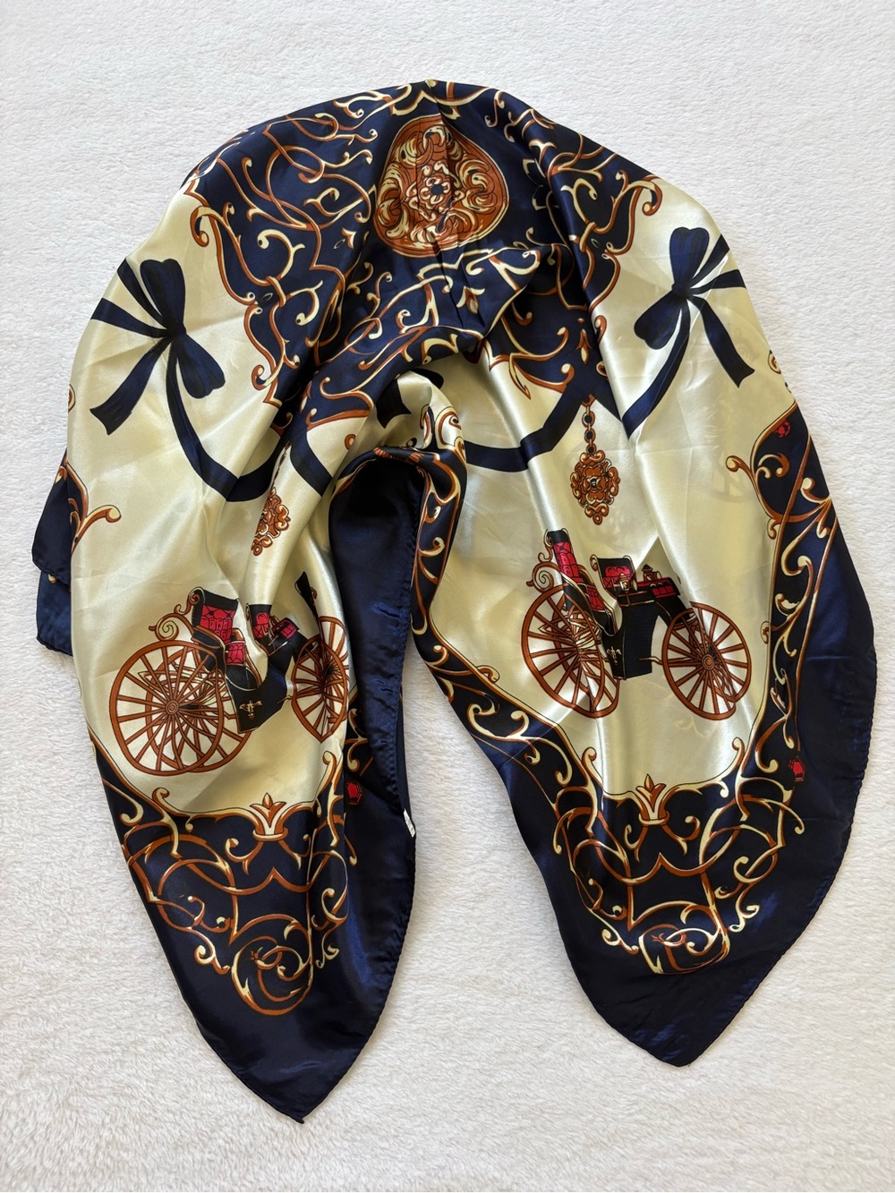 Silk-Feel Navy and Cream Carriage Print Scarf